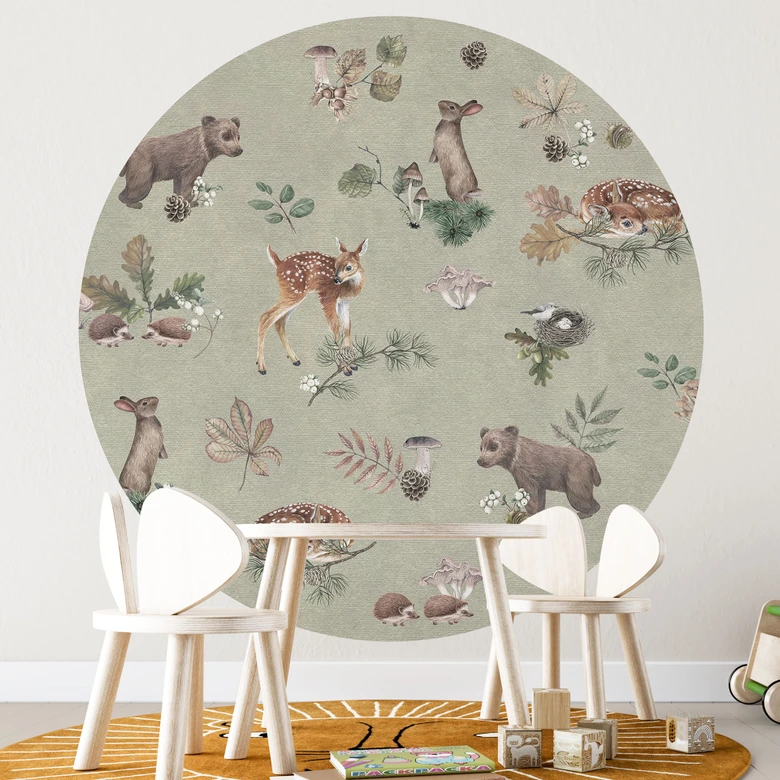 Fotomural de cervatillo y amigos del bosque - animales para niños - verde - Kikki Belle - Redondo - Papel pintado autoadhesivo/no tejido 