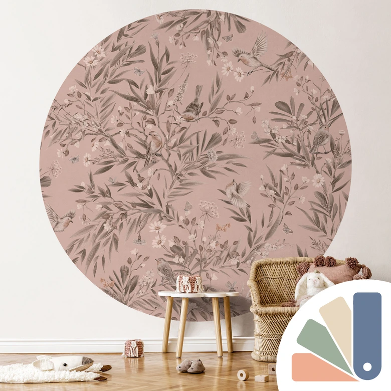 Fototapeta do pokoju dziecięcego ptaki i motyle na gałęziach - Kikki Belle - okrągła - samoprzylepna / nietkana 