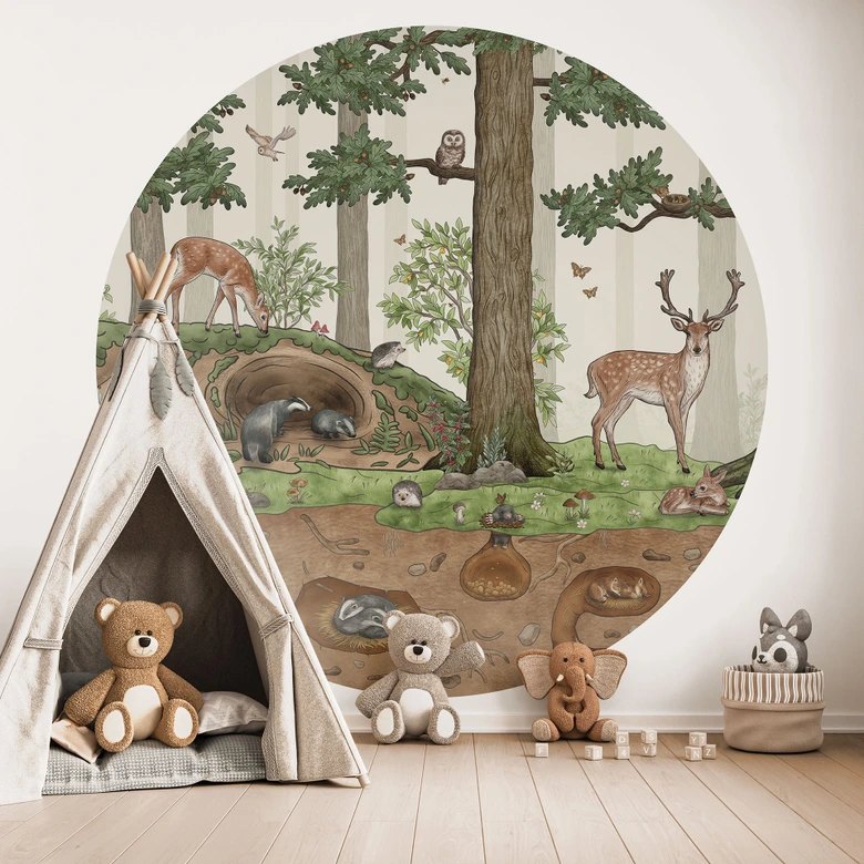 Papier peint photo chambre enfant Objets cachés Animaux de la forêt - Kikki Belle - rond - adhésif/non tissé 