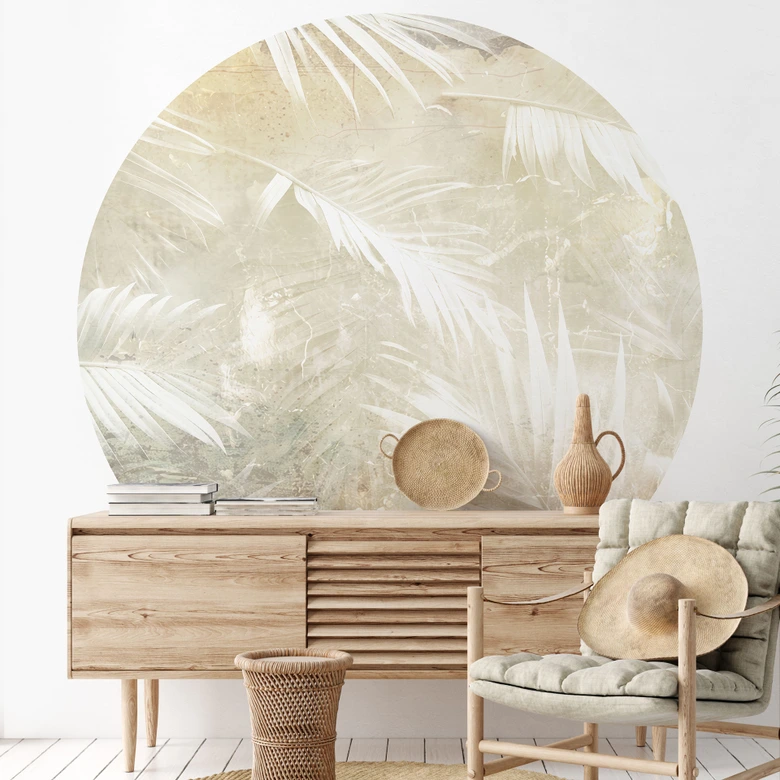 Tropische Fototapete Abstrakte weiße Palmenblätter - Kulik - Rund - Selbstklebend/Vlies 