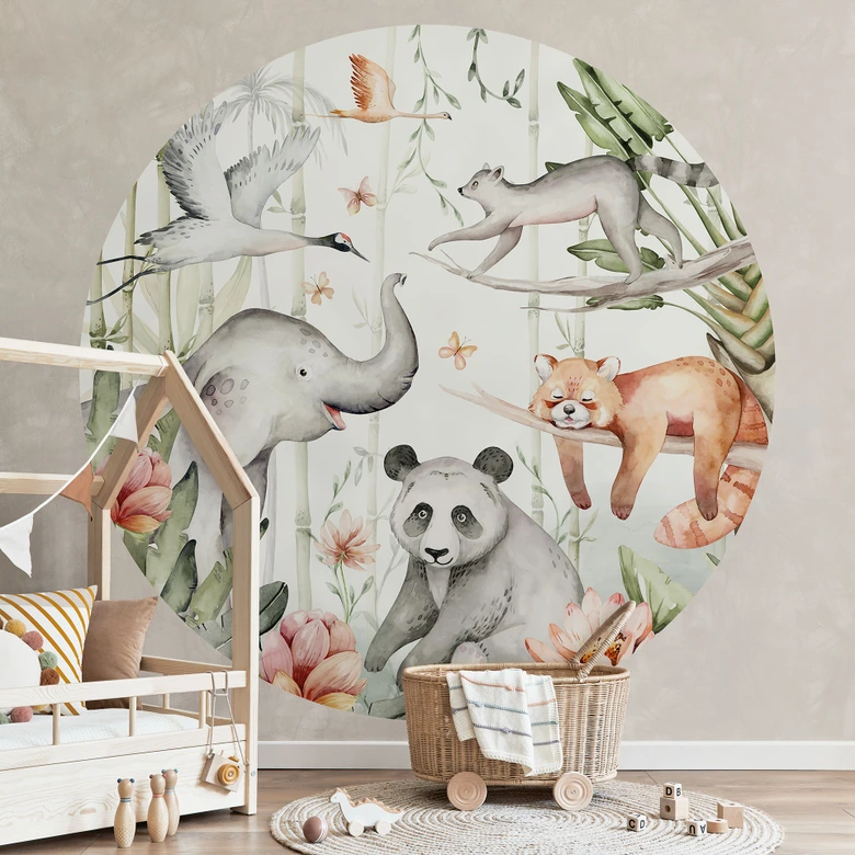 Behangcirkel Aziatische dieren in het bamboebos - Kvilis - vliesbehang/zelfklevend vliesbehang 