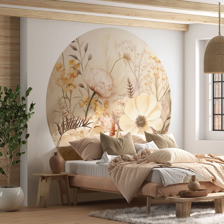 Vintage Bloemenpracht in de Weide | Bloemenbehang - Lola Peacock - Rond - vliesbehang/zelfklevend vliesbehang 