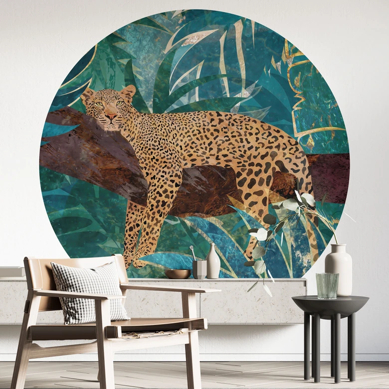 Fototapete Leopard im smaragdgrünen Dschungel - Manovski - Rund - Selbstklebend/Vlies 