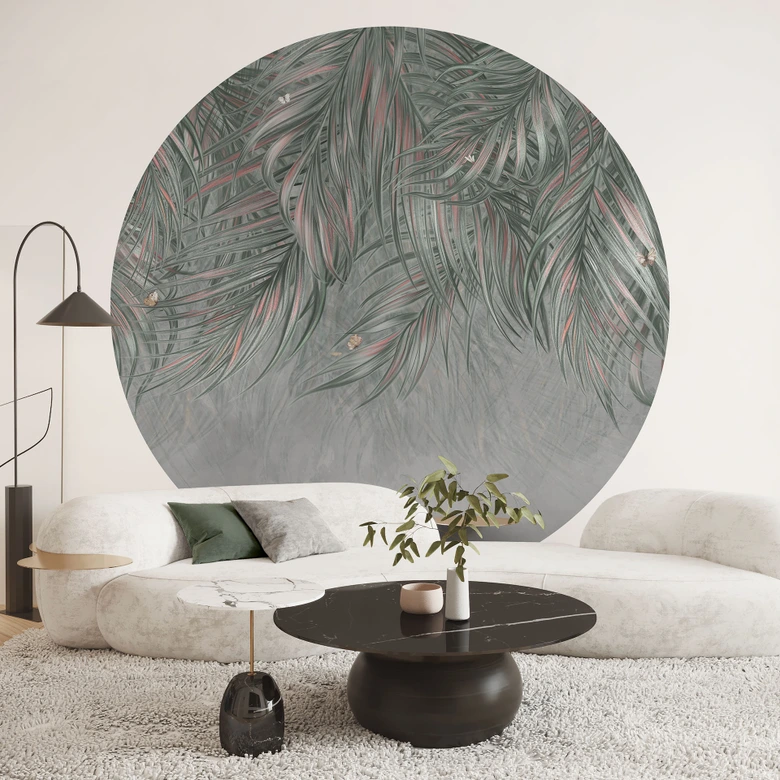Fototapete Dschungel - Exotische Palmenblätter Pink-grün - Ms Tiff - Rund - Selbstklebend/Vlies 