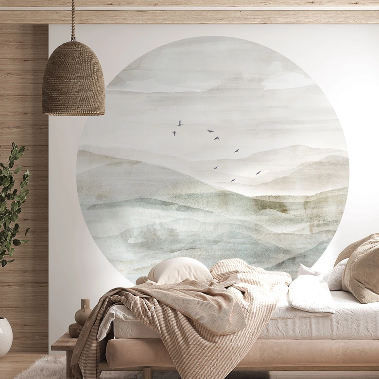 Fototapete Neblige Berglandschaft Aquarell - Ms Tiff - Rund - Selbstklebend/Vlies 