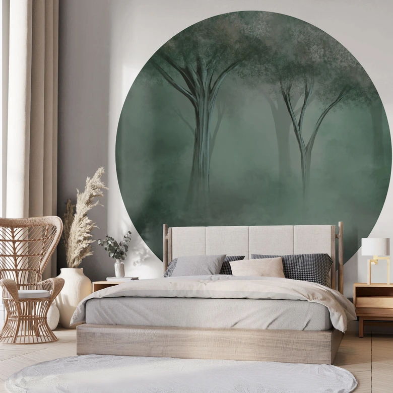 Fototapete Waldmagie im Morgennebel Grün - Ms Tiff - Rund - Selbstklebend/Vlies 