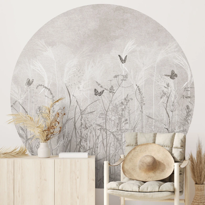 Fototapete Wildblumenwiese mit Schmetterlingen im Skandinavischen Design - Ms Tiff - Rund - Selbstklebend/Vlies 