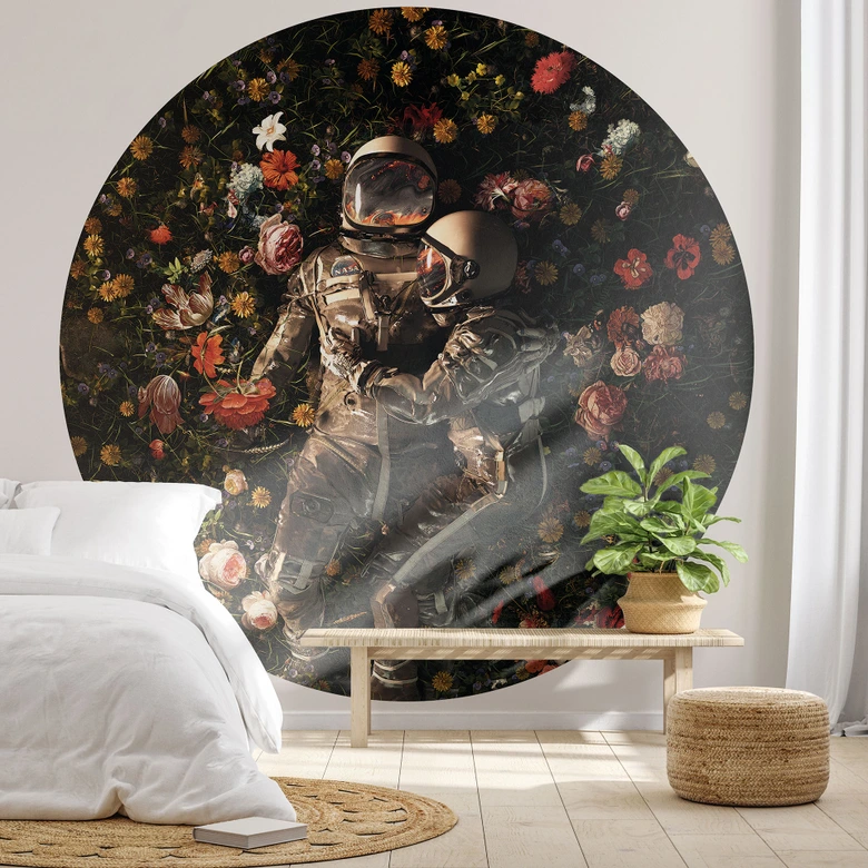 Round wall mural Astronauts on a flower meadow - Nicebleed - non self-adhesive/self-adhesive wallpapers 