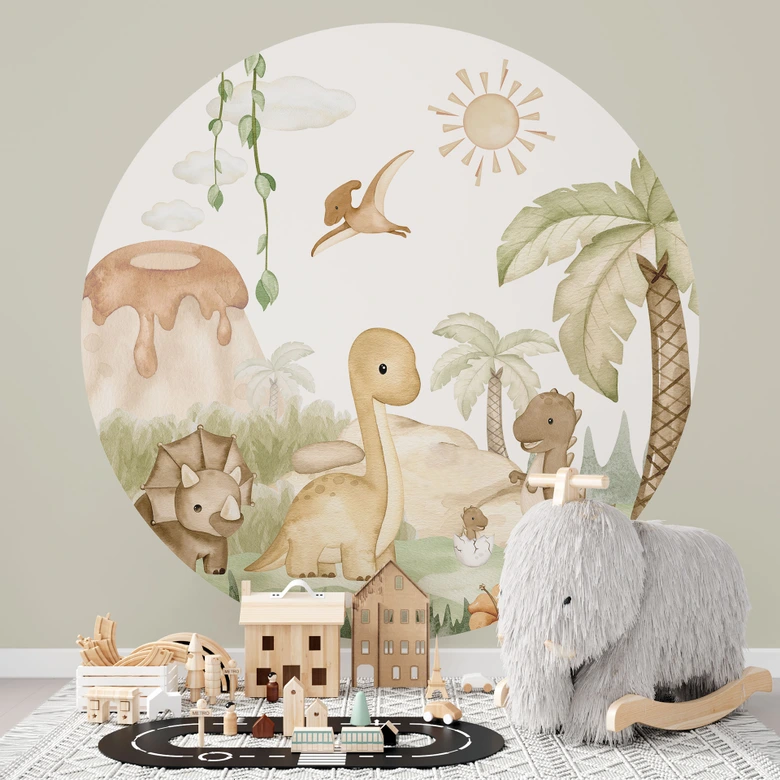 Kinderzimmer Fototapete Kleine Dinos auf großer Entdeckungsreise - Oliver Robins - Rund - Selbstklebend/Vlies 
