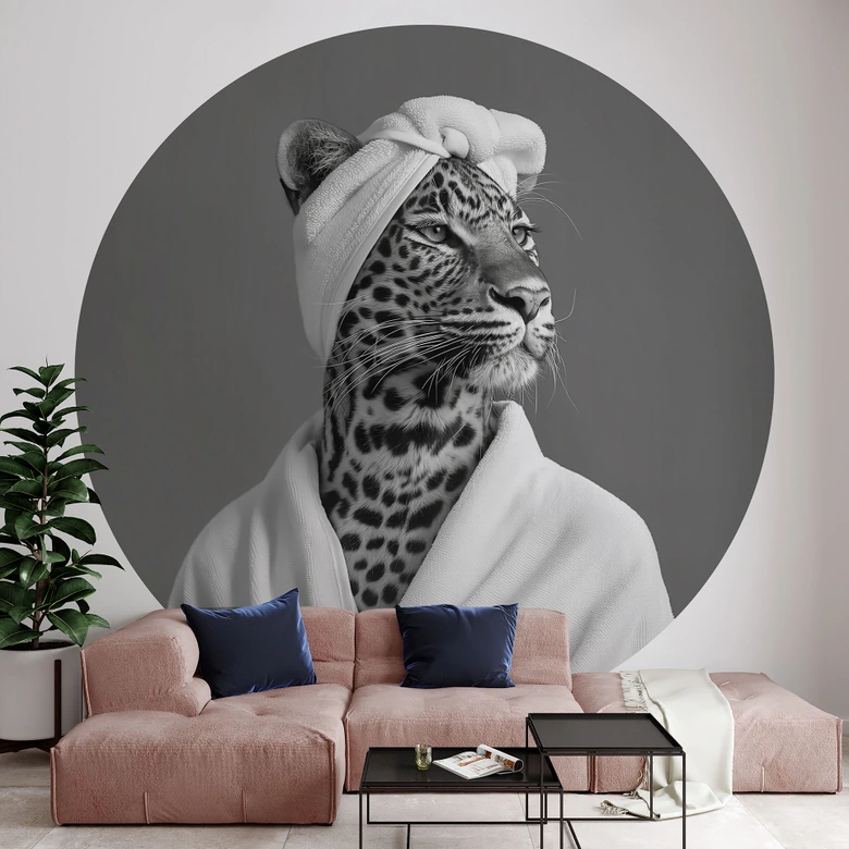 Royale spa time-out met luipaard | zwart-wit dierenbehang - Rahner - Rond - vliesbehang/zelfklevend vliesbehang 