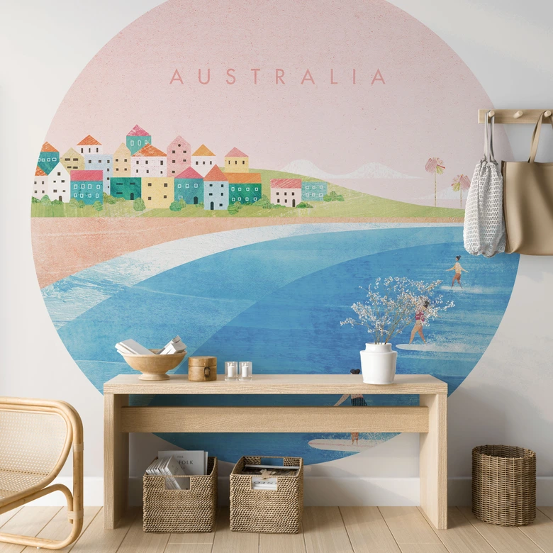 Round wall mural Surfing on the coast of Australia - Rivers - non self-adhesive/self-adhesive wallpapers 