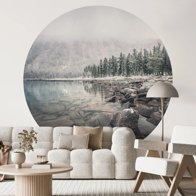 Vinterskog vid sjön | Fototapet för landskap - Rostovskiy - rund - självhäftande / ovävd 