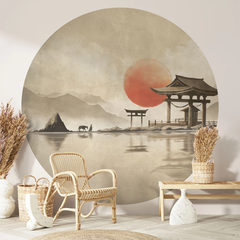 Wall Mural Japanese temple at sunrise - Roze - Round - non self-adhesive/self-adhesive wallpapers 