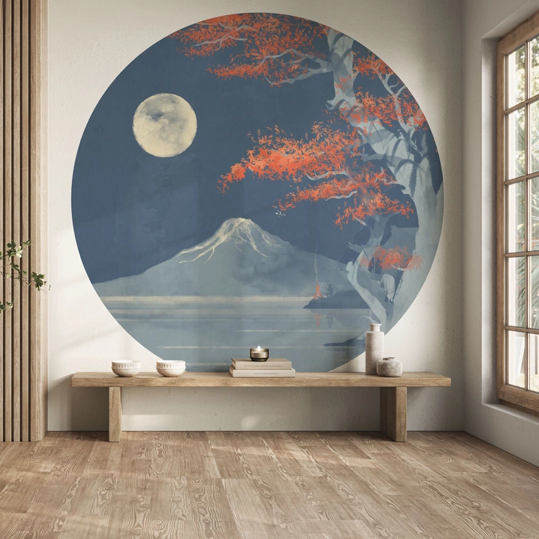 Wall Mural Japan - Full moon over the summit of Fuji-san - Roze - Round - non self-adhesive/self-adhesive wallpapers 