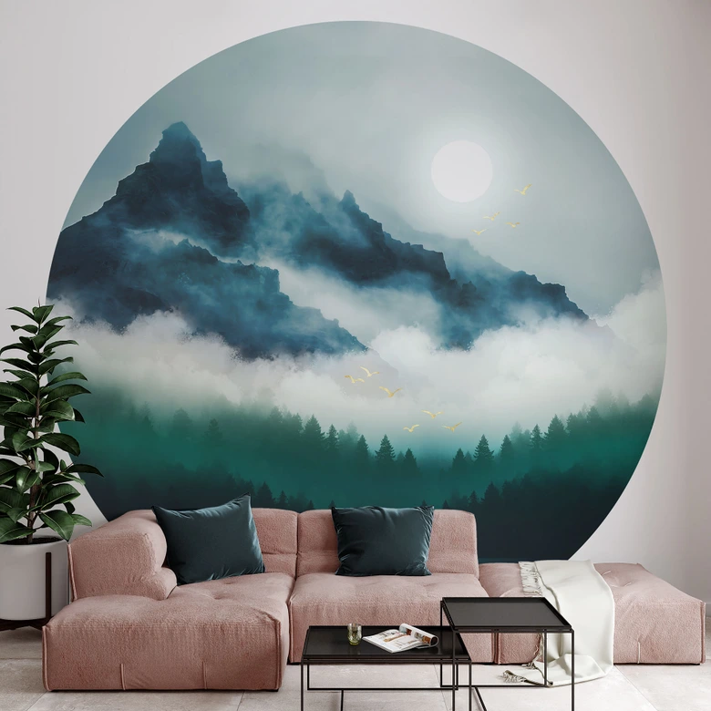 Fototapete Neblige Landschaft in der Nacht - SpaceFrog Designs - Rund - Selbstklebend/Vlies 