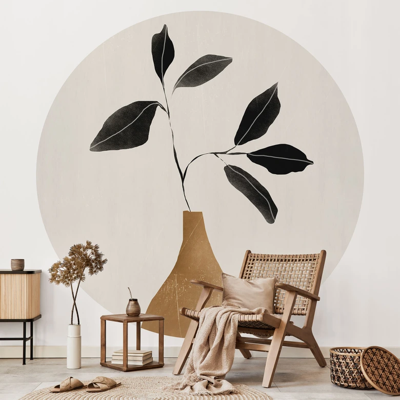 Wall Mural Branch in golden vase - ThingDesign - Round - Self-adhesive/non-woven 