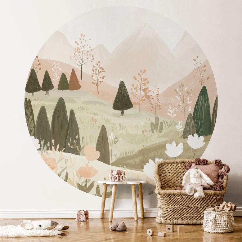 Pastel berglandschap met bloemen Fotobehang - Treechild - Rond - Zelfklevend/niet-geweven 