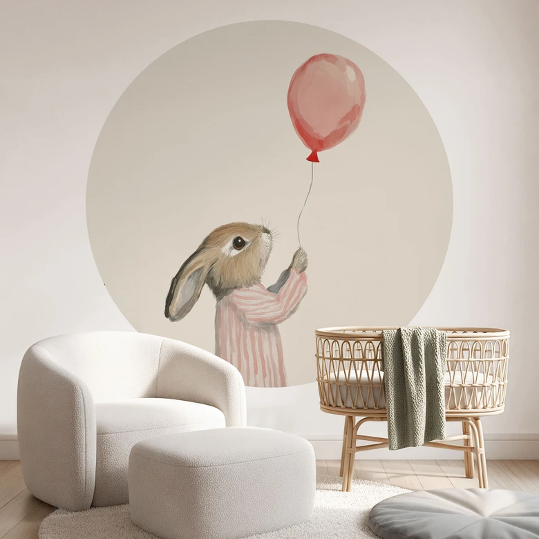 Fotobehang Schattig konijntje met ballon - Treechild - Rond - Zelfklevend/niet-geweven 