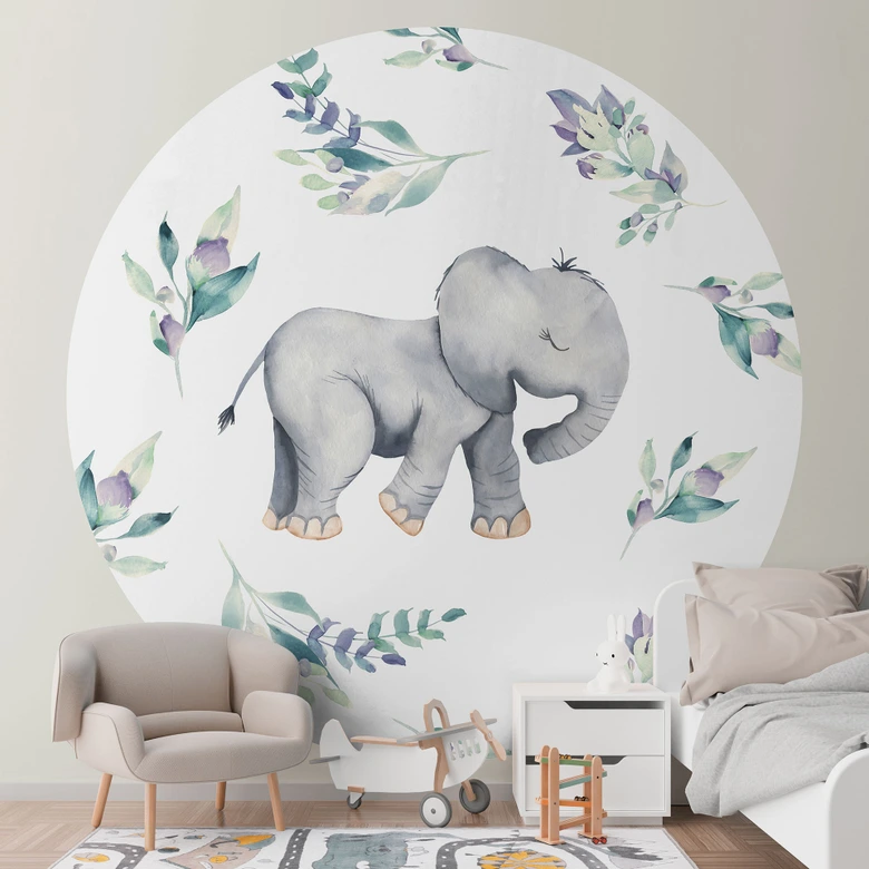 Fototapete Niedlicher Babyelefant zwischen Boho-Zweigen - UN Designs - Rund - Selbstklebend/Vlies 