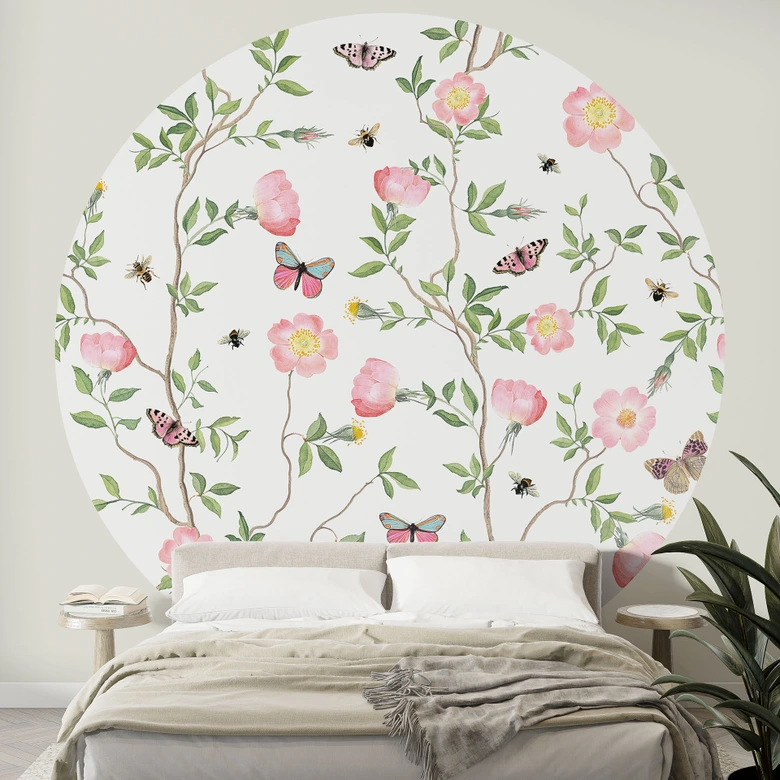 Round wall mural Pink roses in spring - UN Designs - non self-adhesive/self-adhesive wallpapers 