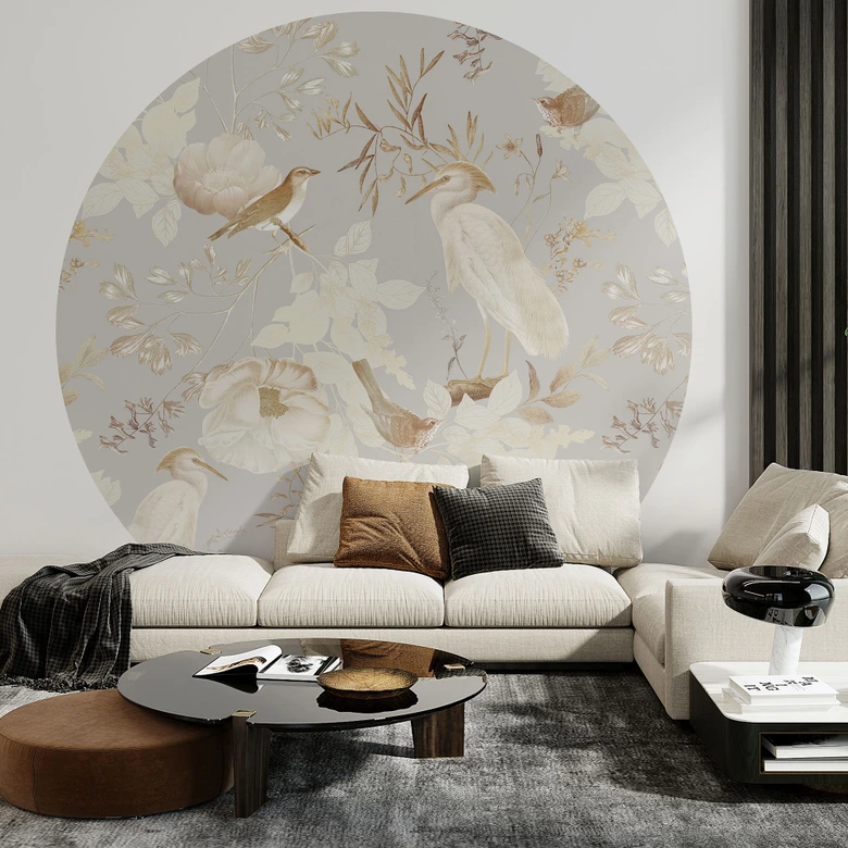Behangcirkel Vogels tussen witte bloemen - UN Designs - vliesbehang/zelfklevend vliesbehang 