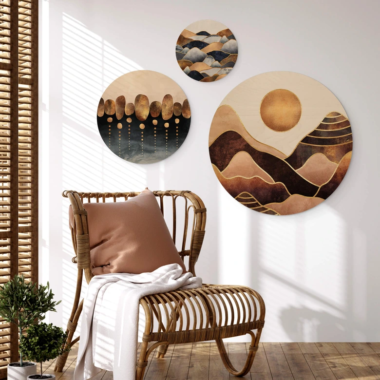 Tableau sur bois rond Fredriksson - Montagnes dorées (set 3 pièces) 