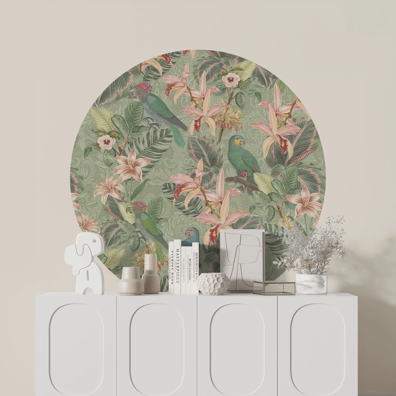 Wandtattoo Dschungel mit Papageien Grün - Bloomery Decor - Rund 