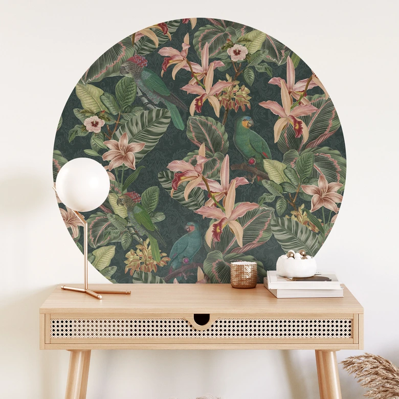Djungel Wallsticker med papegojor nattgrön - Blomstersmycke Dekor - Rund 