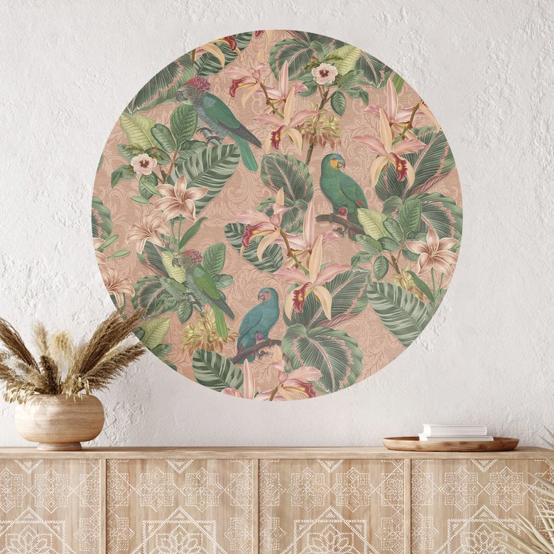 Sticker mural jungle avec perroquets roses - Bloomery Decor - Rond 