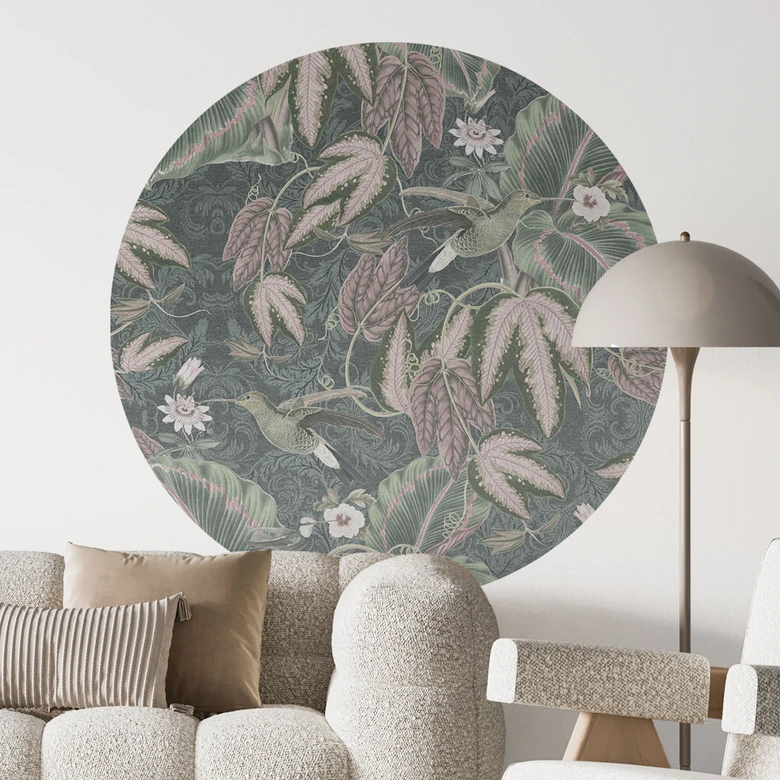 Djungel Wallsticker kolibri i tropisk skog - Blomstersmycke Dekor - Rund 