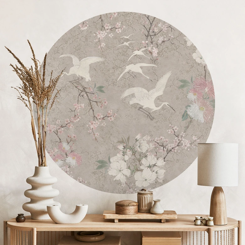Vinilo decorativo de pared Grullas en un cerezo en flor Beige - Decoración con flores - Redondo 