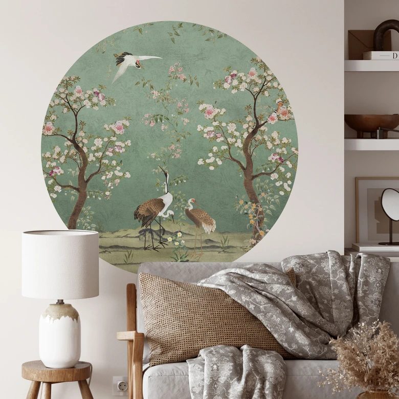 Sticker mural grues dans un paysage floral - Bloomery Decor - Rond 