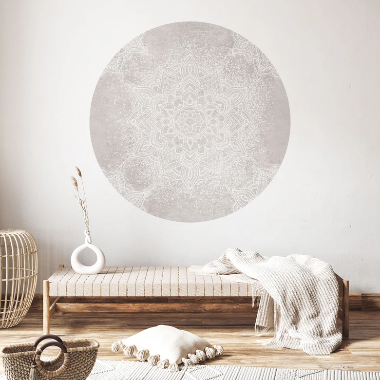 Wandtattoo Sanftes Mandala auf Grau-Beige - Bloomery Decor - Rund 