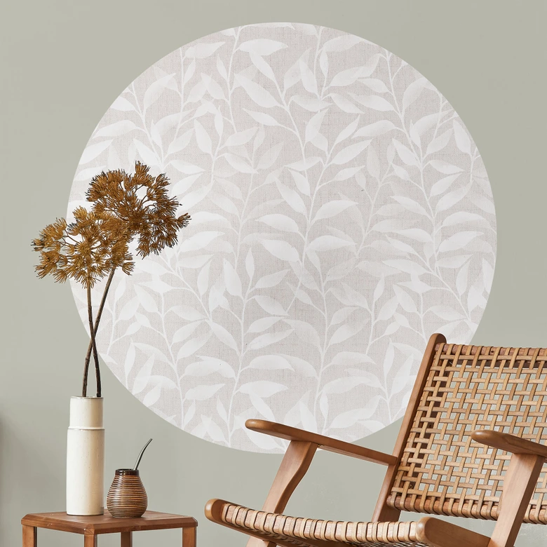 Adesivo murale con delicate foglie ad acquerello - Beige tenue - Decorazioni floreali - Rotondo 