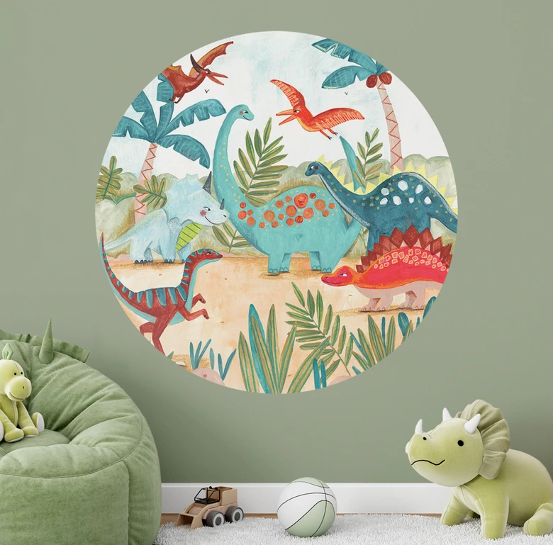 Wallsticker för barnrum - Färgglada dinosaurier i urskogen - Bonne Müller - Rund 