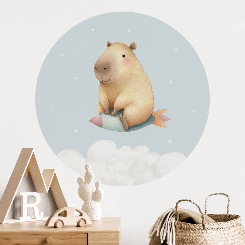Vinilo decorativo para la habitación de los niños Capibara en el espacio - Sueño de estrellas - Redondo 