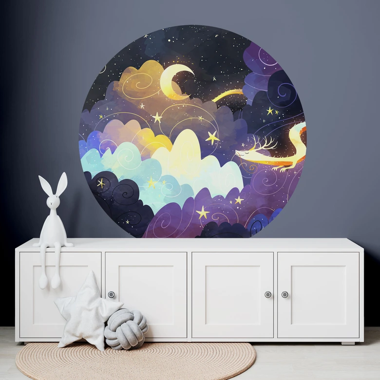Adesivo murale con volo di aquiloni tra le nuvole stellate - DigitalArtsi - Round 