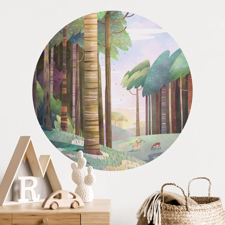 Wallsticker Solig skog med hjortar - DigitalArtsi - Round 