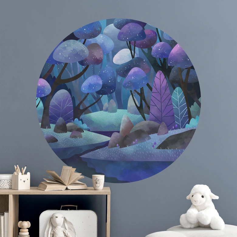 Adesivo murale della foresta incantata in blu notte - DigitalArtsi - Rotondo 