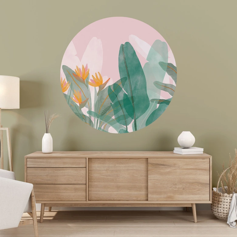 Wandtattoo Botanische Illustration in Grün und Rosa - Goed Blauw - Rund 