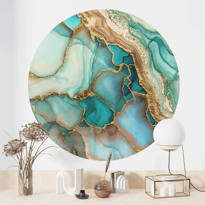 Wallsticker Marmorerade vågor i turkos och guld - Haase - Rund 