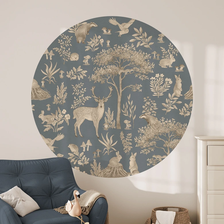 Charmig skog med djur Wallsticker - Vintage blå - Kikki Belle - Rund 