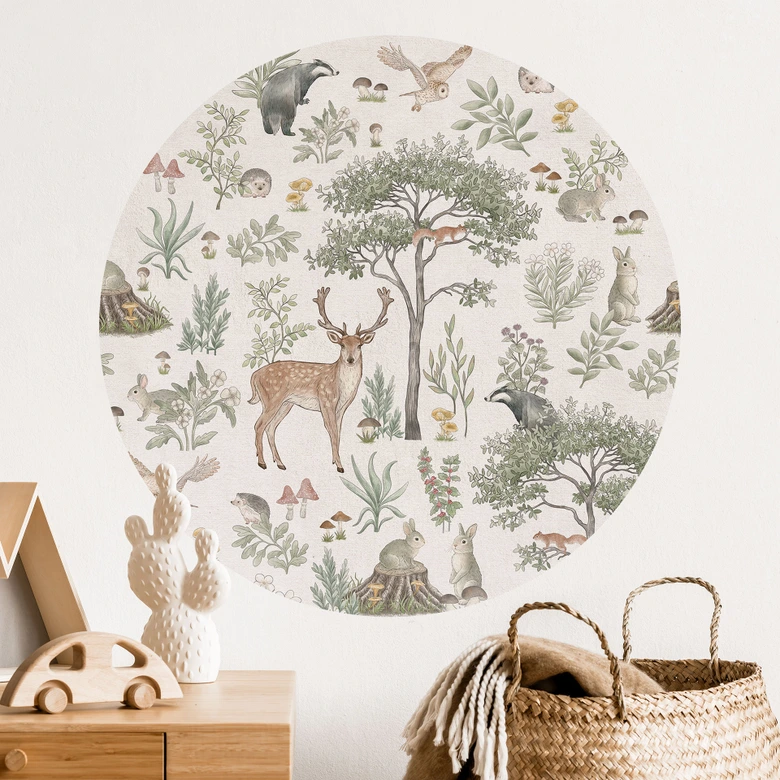 Charmig skog med djur Wallsticker - Vintage grädde - Kikki Belle - Rund 