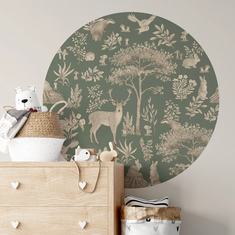 Charmig skog med djur Wallsticker - Vintage grön - Kikki Belle - Rund 