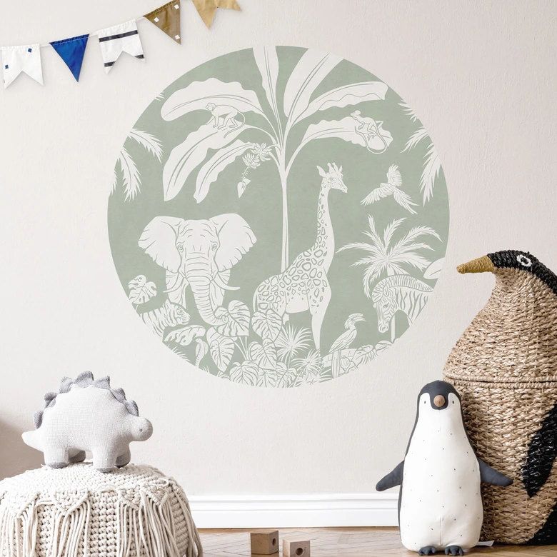 Djungeldjur Wallsticker i tropisk grön - Kikki Belle - Rund 