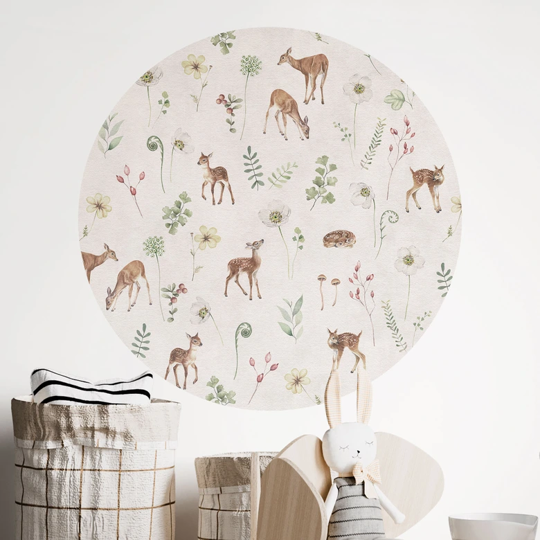 Wallsticker Liten hjort mellan blommor - Kikki Belle - Rund 