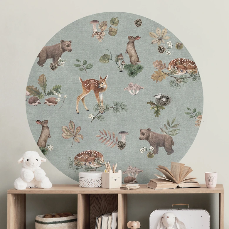 Wallsticker fawn och skogsvänner - djur för barn - blå - Kikki Belle - Rund 