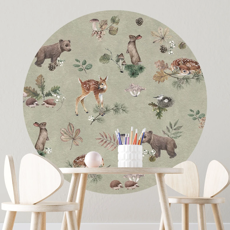 Sticker mural faon et amis de la forêt - animaux pour enfants - vert - Kikki Belle - Rond 