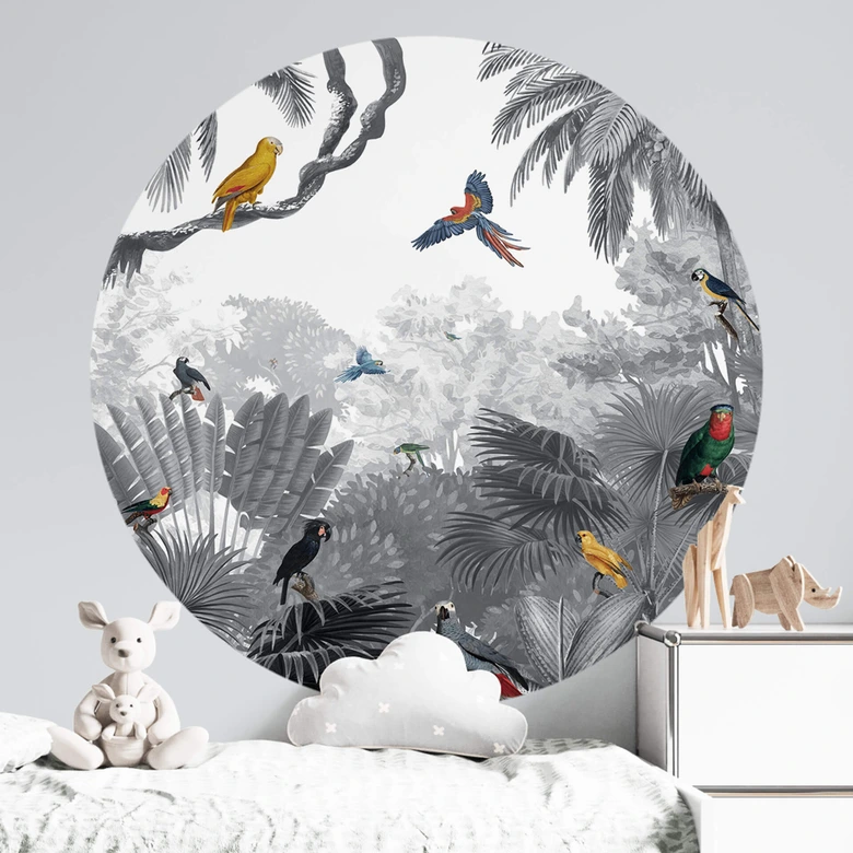 Kikki Belle Wallsticker - Tropiske fugle sort og hvid - Rund | wall-art.dk