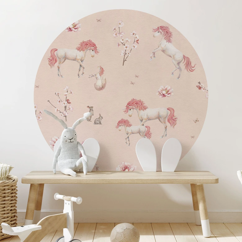 Förtrollade enhörningar med körsbärsblommor Wallsticker - Kikki Belle - Rund 